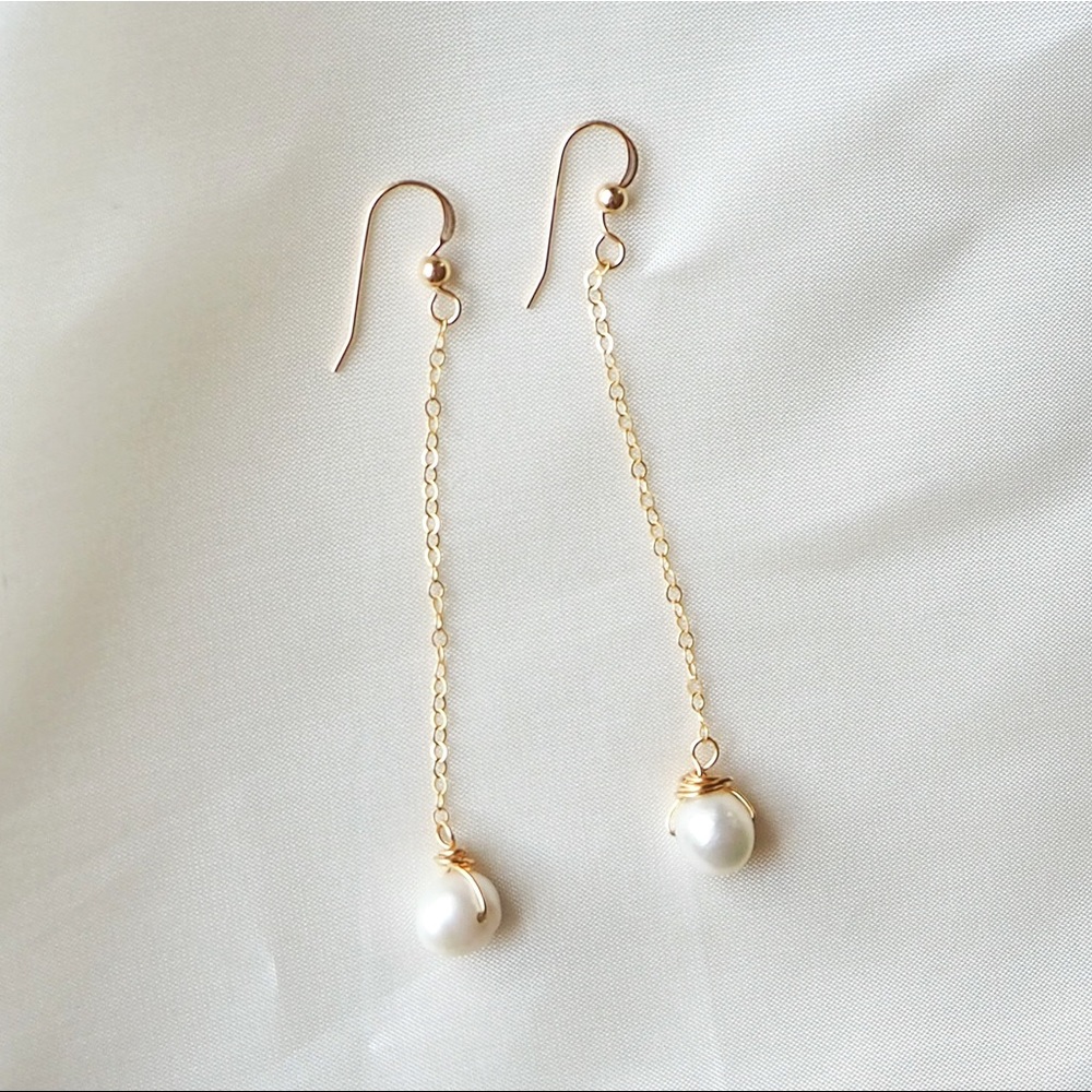 Long Chain Freshwater Pearl 14K Gold Filled Dainty Earrings